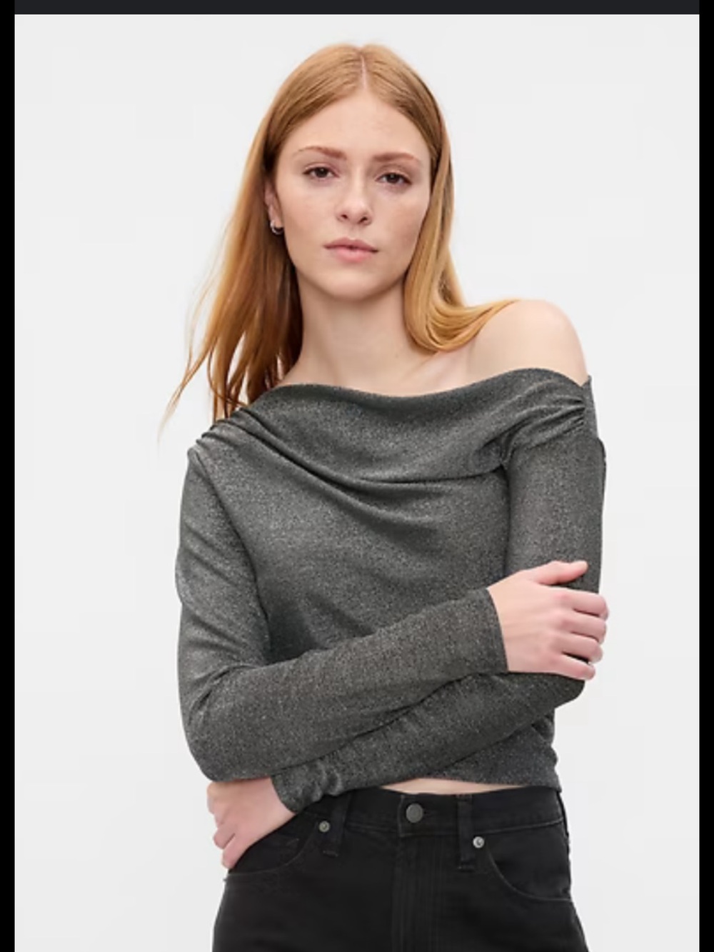 GAP Factory Metallic Charcoal Off Shoulder Long Sleeve Top